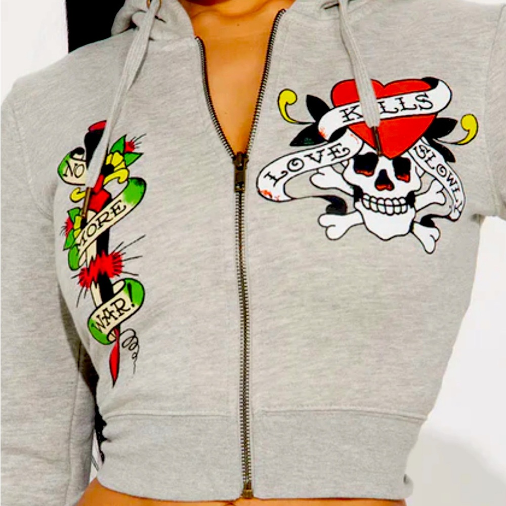NWT Ed Hardy Cropped Skull And Dagger Zip Front Hoodie - Heather Grey size Small